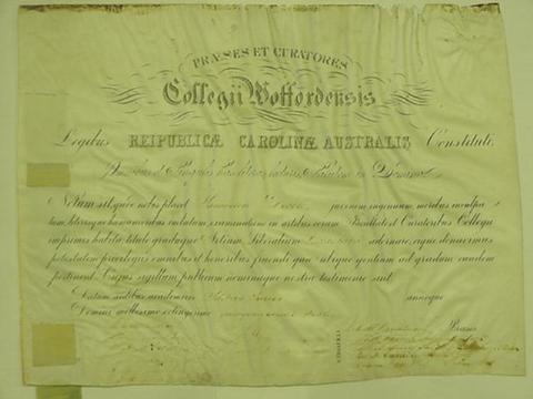 Samuel Dibble's Wofford College diploma.